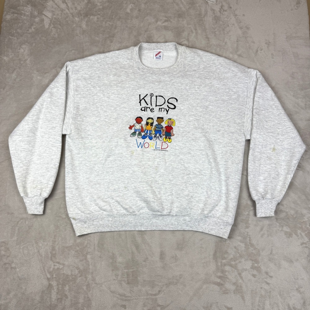 VTG Jerzees Sweatshirt Kids Are My World 2XL Unisex Gray Heathered USA Made Y2K